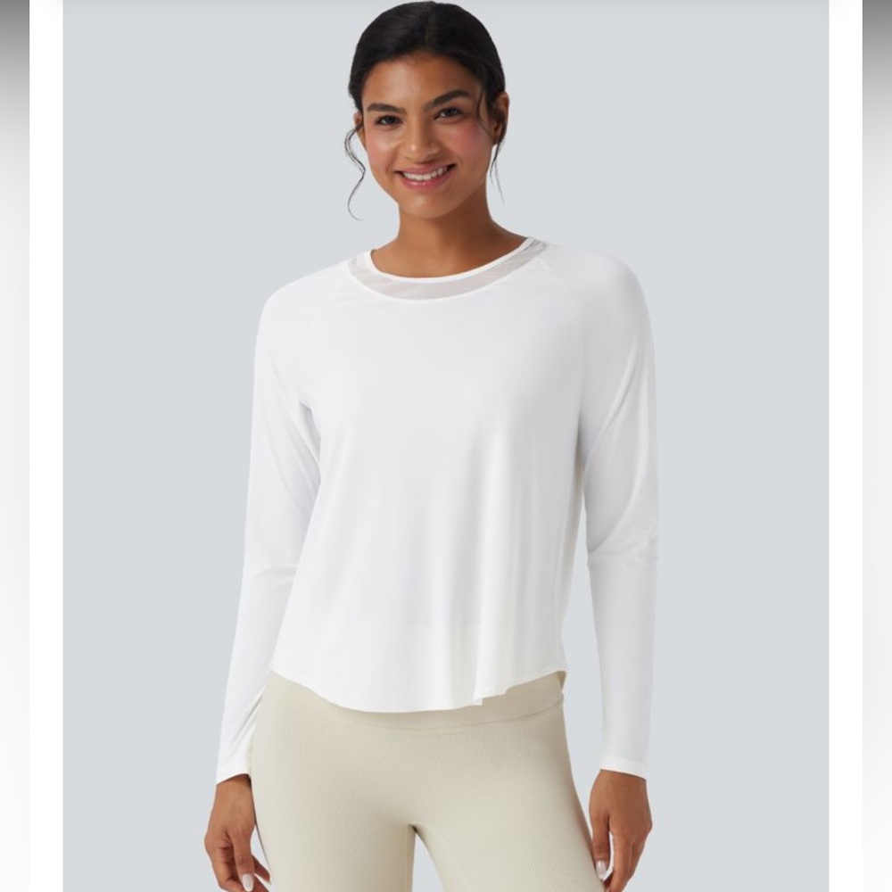 Halara White Long Sleeve Contrast Mesh Curved Hem Quick Dry Running Sports Top M